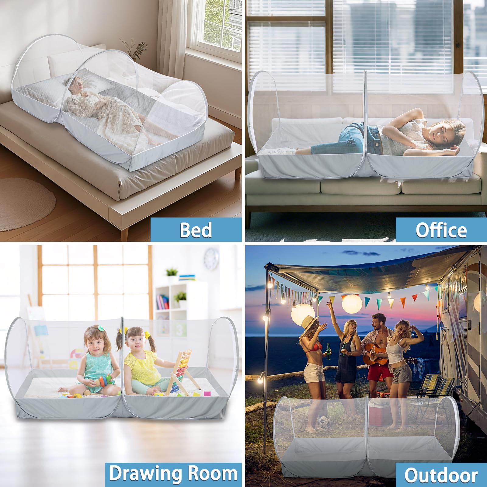 Jiangcha mosquito net bed ready for home, travel, or camping use in any setting.