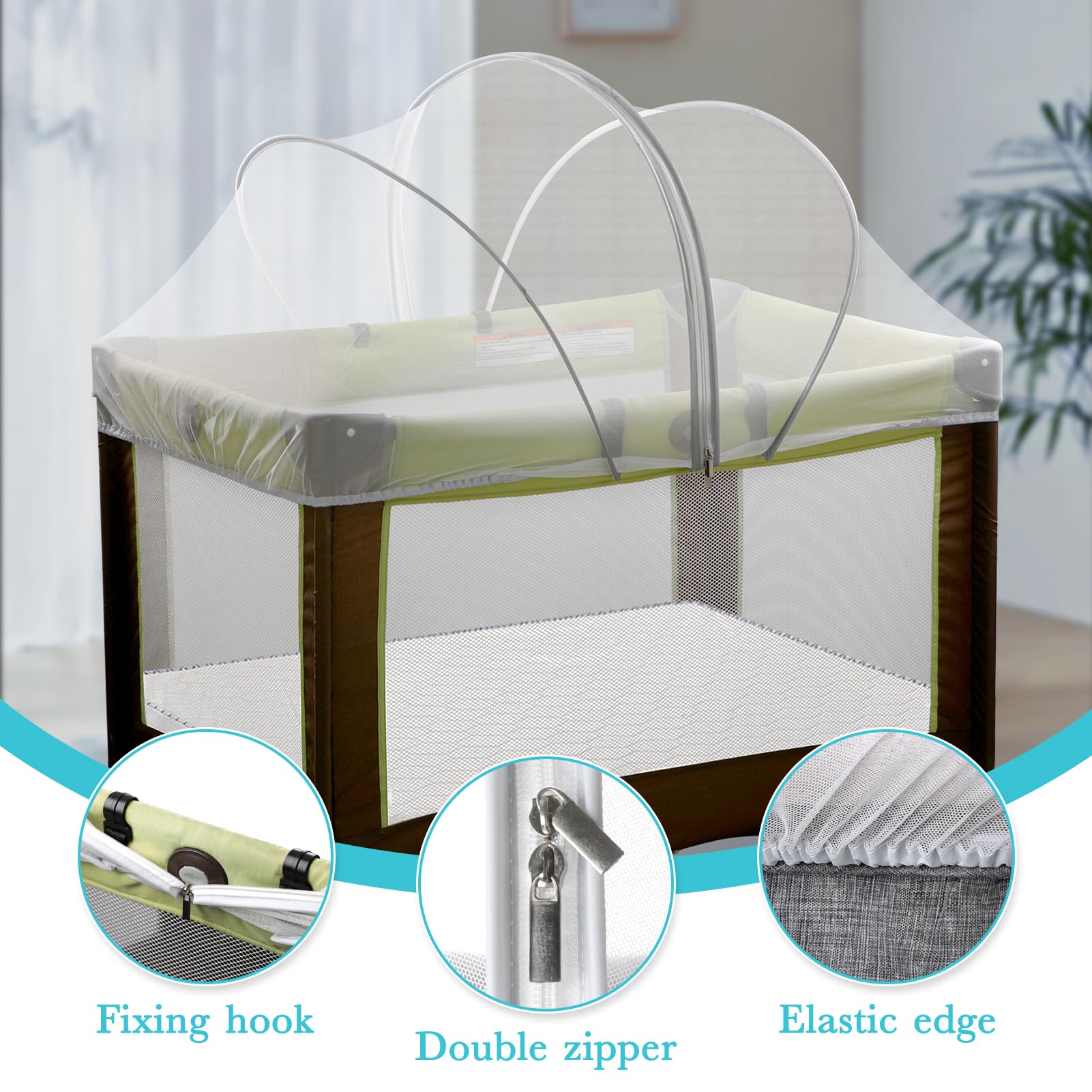 Jiangcha Pack N Play Tent Cover two-way zip enables quick access without disturbing baby.