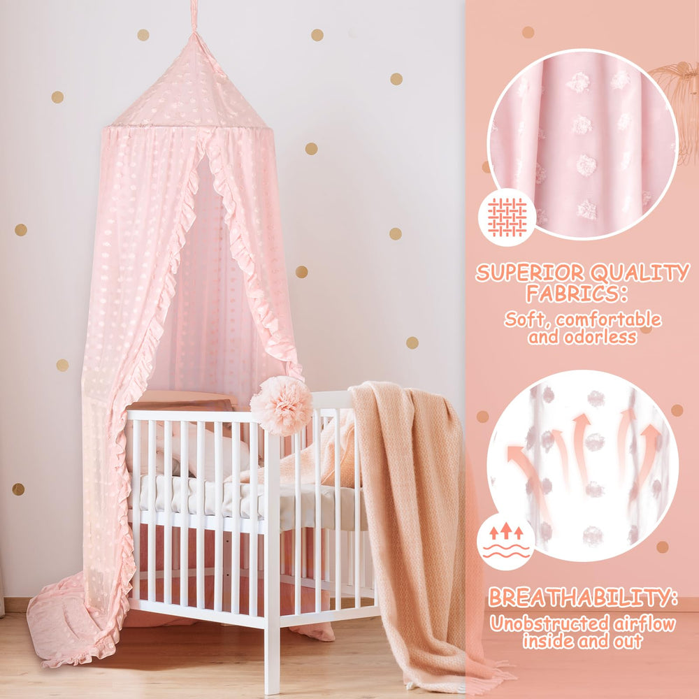 Jiangcha princess bed canopy pink over crib with elegant fabric.