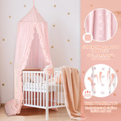 Jiangcha princess bed canopy pink over crib with elegant fabric.
