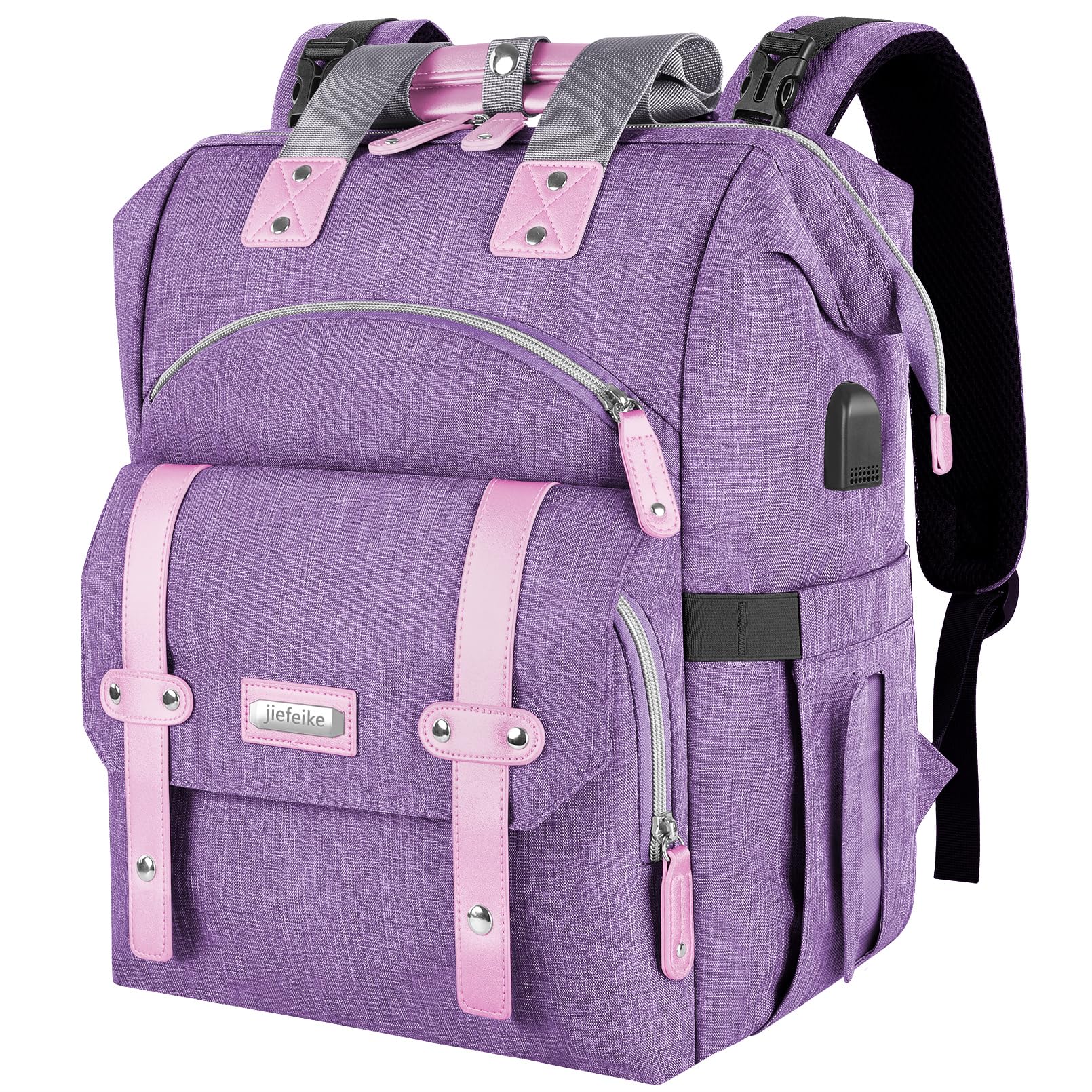 Jiefeike diaper bag backpack front view showing roomy main compartment for baby essentials.