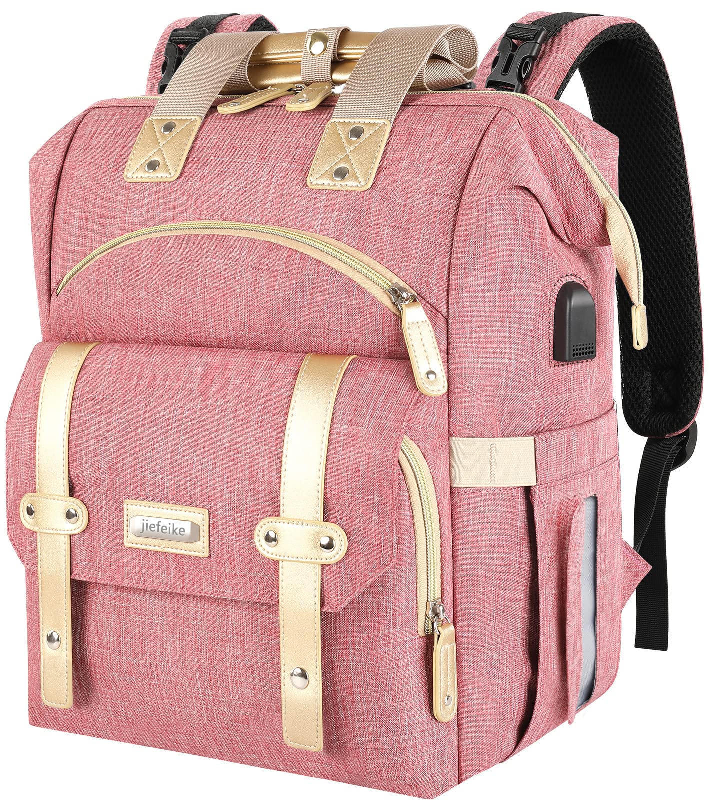 Jiefeike diaper bag backpack in pink showing full capacity for baby essentials.