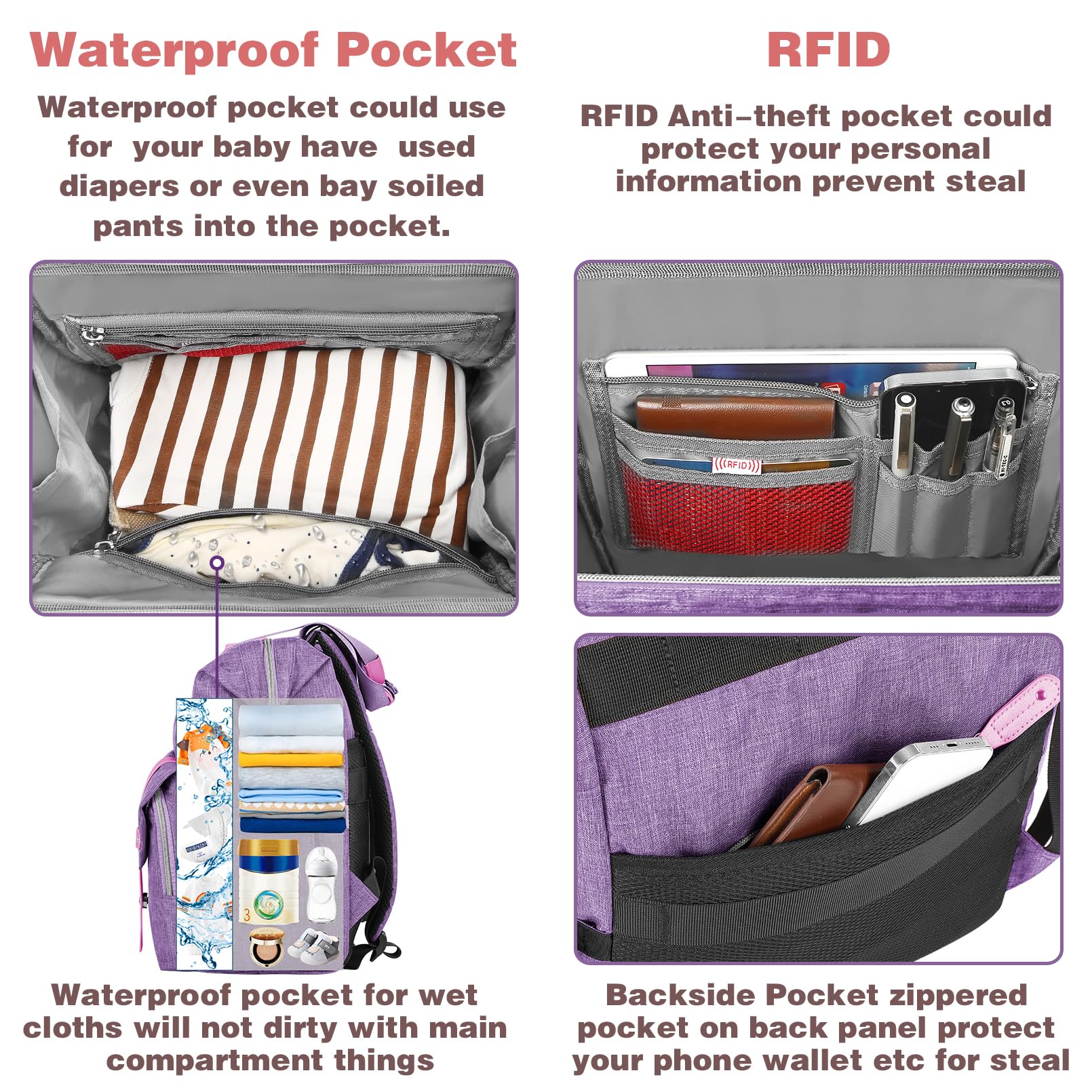 Jiefeike diaper bag backpack RFID pocket protects personal information during travel.