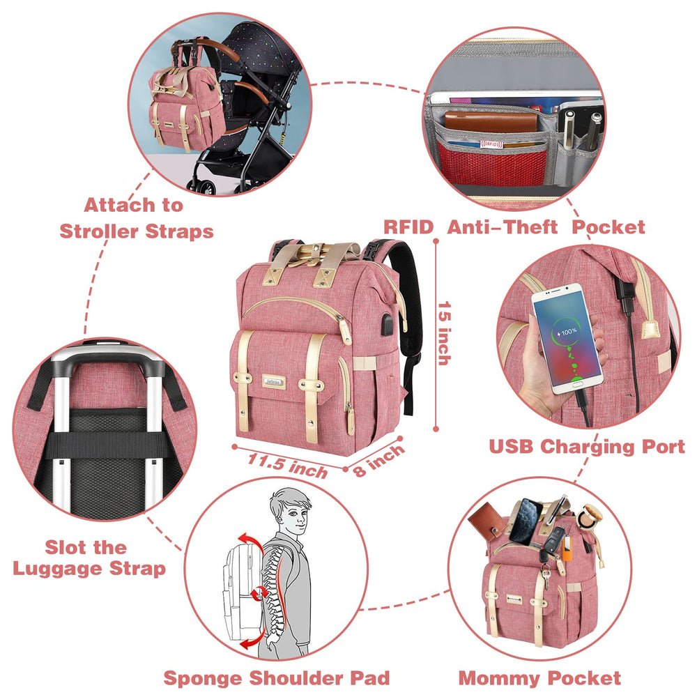 Jiefeike diaper bag features a USB port for charging devices.