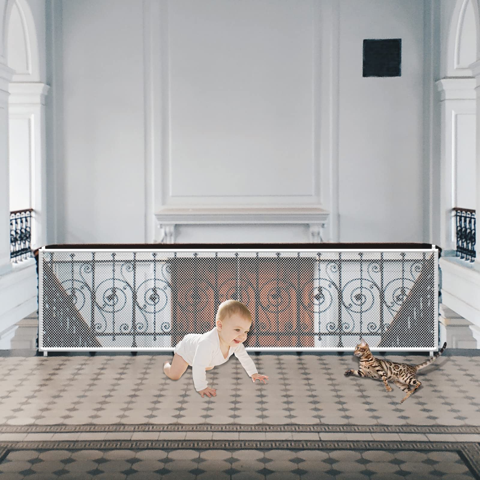JIFTOK Baby Gate assembled on stair rail demonstrates secure installation for families.