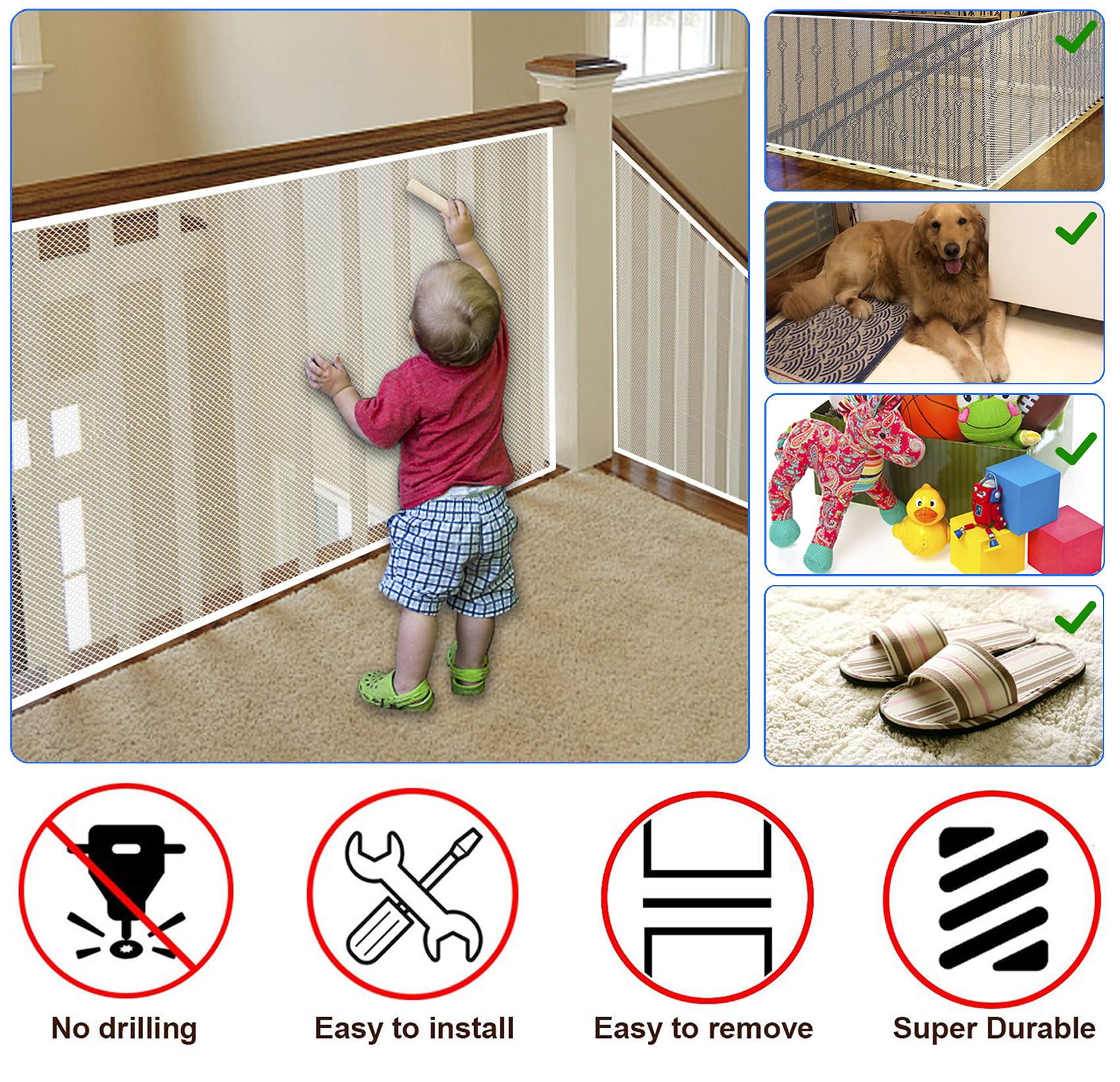 JIFTOK Baby Gate long length demonstrates seamless coverage for extended railings.