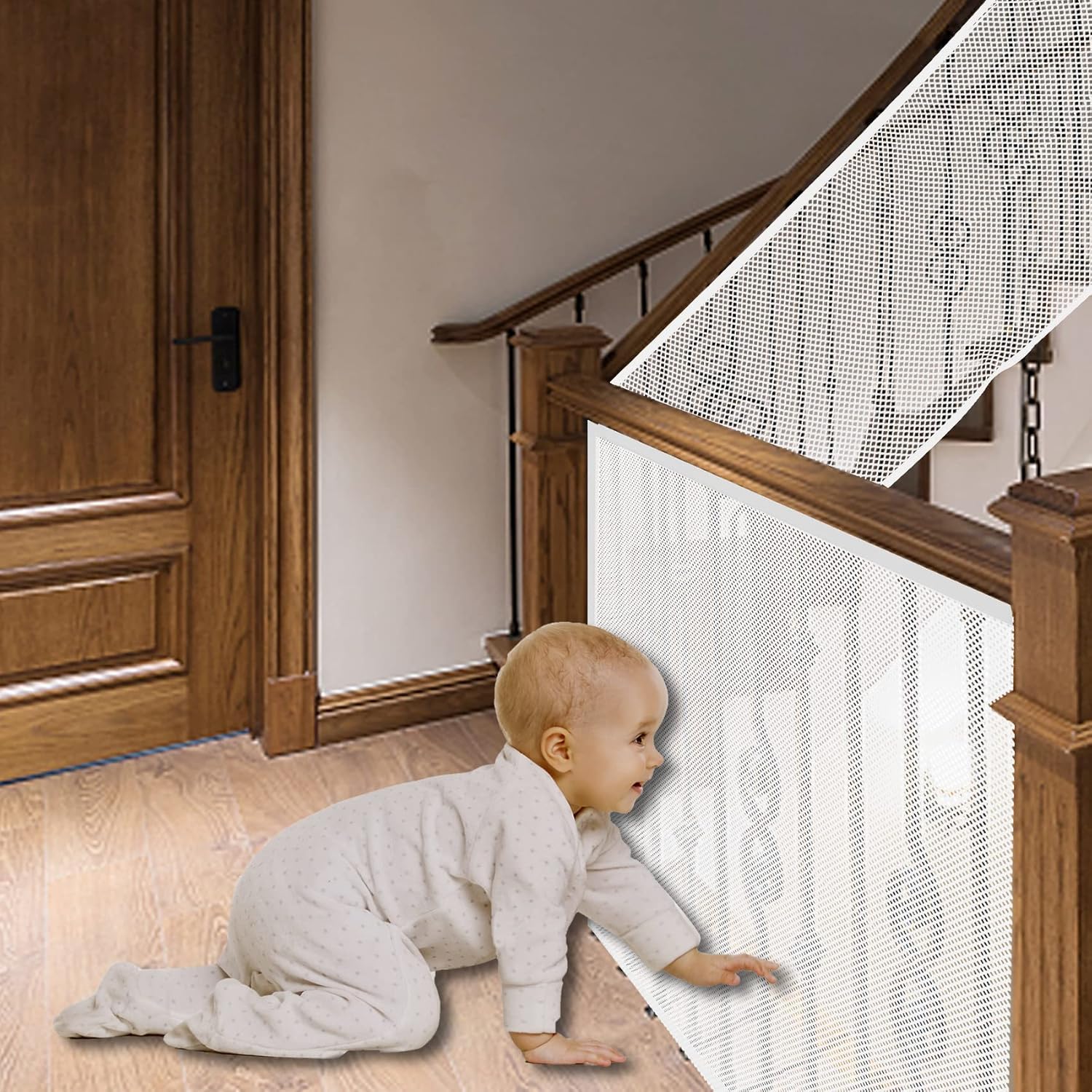 JIFTOK baby gate banister guard close-up shows tear-resistant mesh for stairs