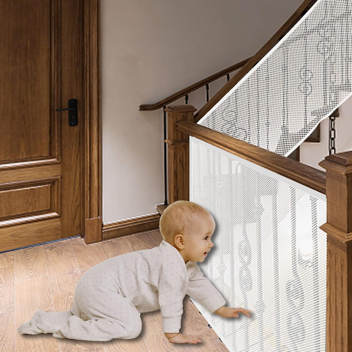 JIFTOK baby gate mesh netting setup on stairs offers clear visibility and durable safety.