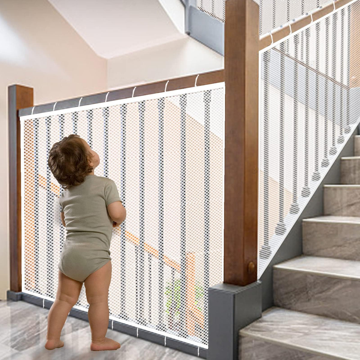 JIFTOK baby gate stairs net shows clear mesh for safe stair use