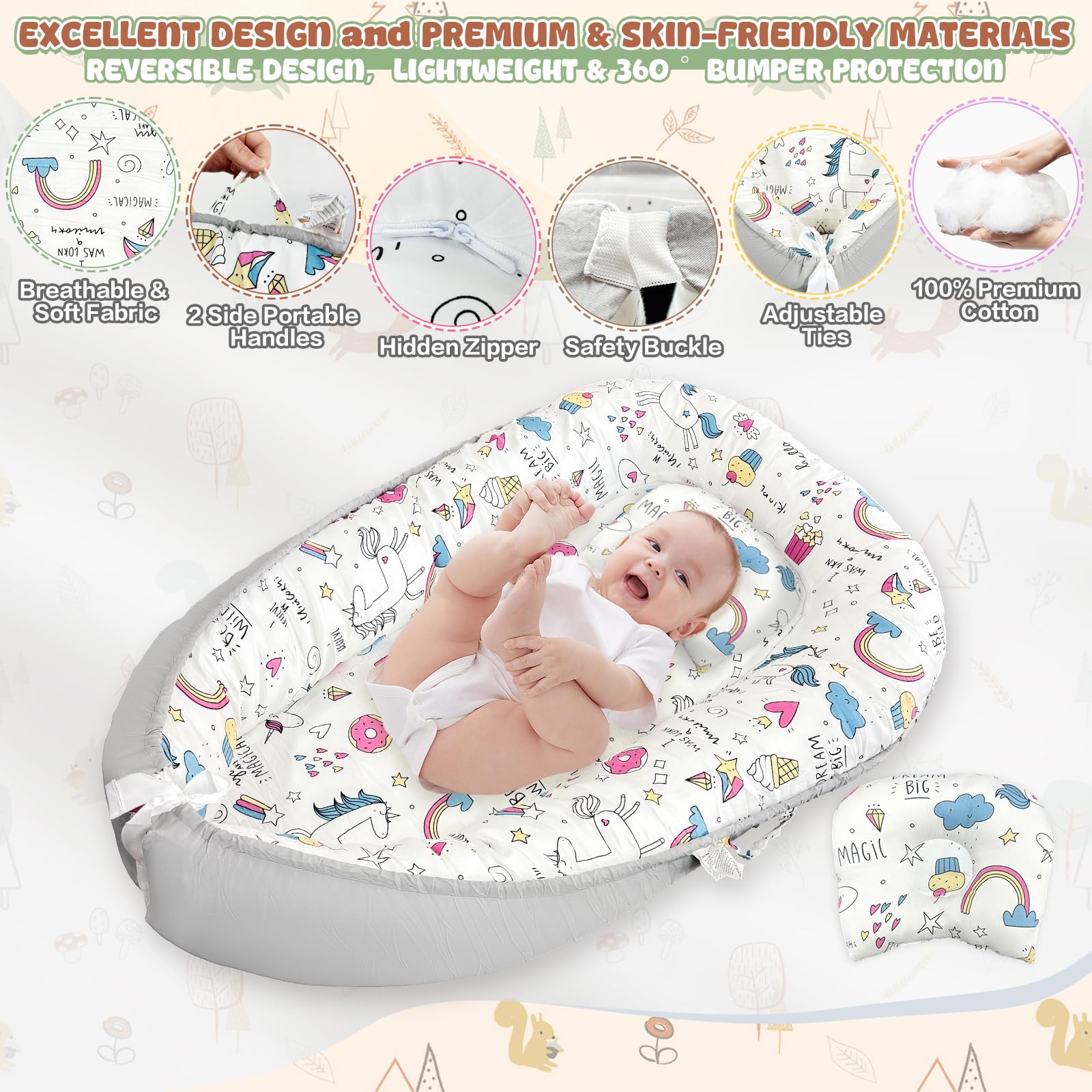 JIFTOK baby nest side cushion illustrates adjustable size for growing babies