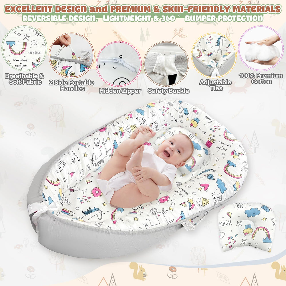 JIFTOK baby nest side cushion illustrates adjustable size for growing babies