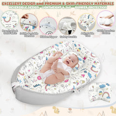 JIFTOK baby nest side cushion illustrates adjustable size for growing babies