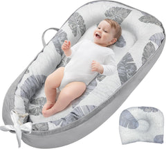 JIFTOK Baby Nests Leaves front-view shows breathable cotton for cozy newborn lounging