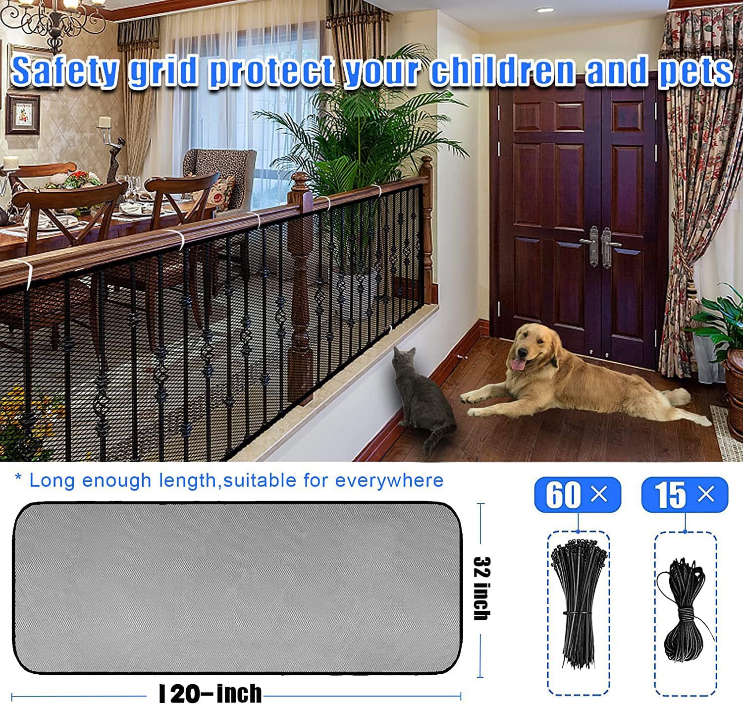 JIFTOK banister guard mesh net on railing for pets and kids visibility