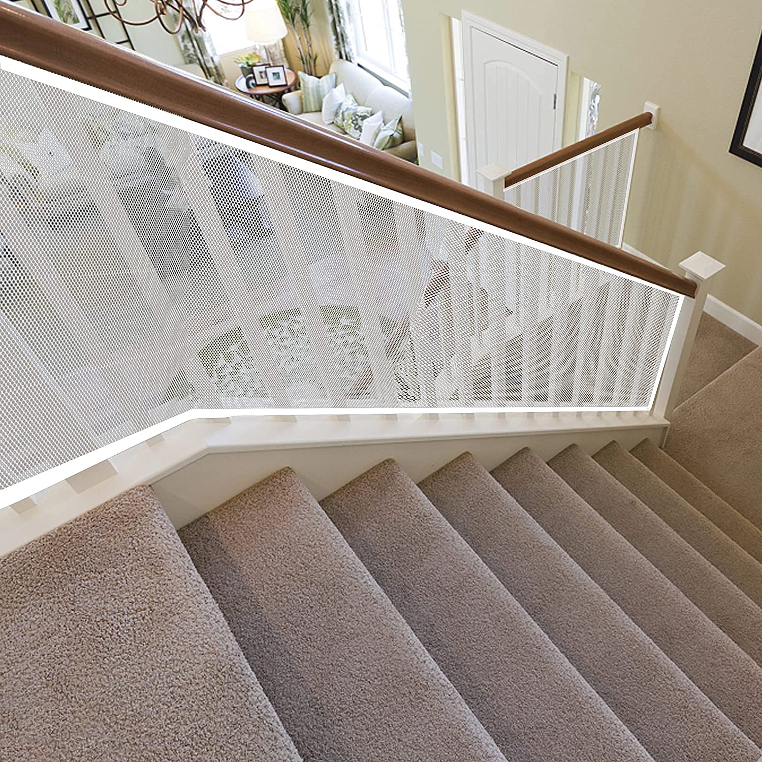 JIFTOK Stairway Net spans a 10ft length to cover wide banister spaces.