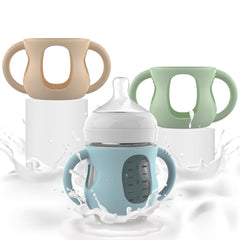 Jifvrnk silicone sleeve with handles on Philips Avent 4 oz bottle for easy grip.