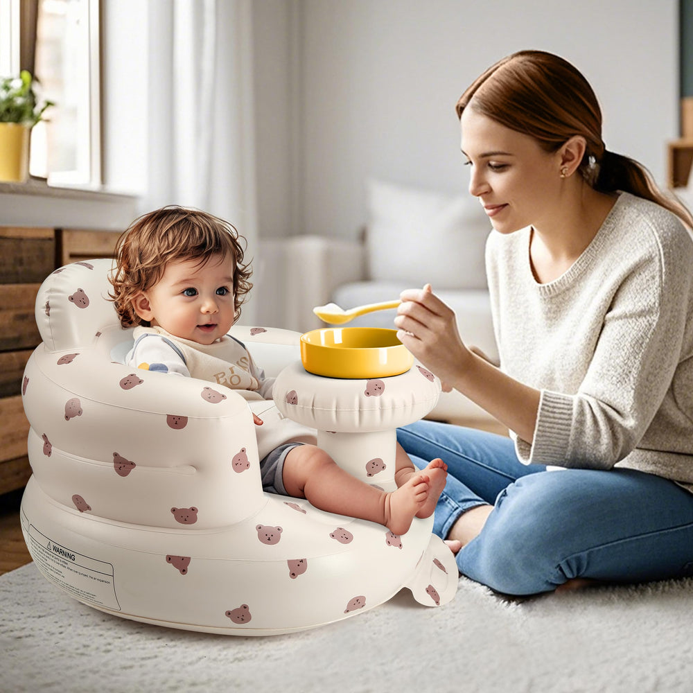 Jikasho inflatable baby seat with built-in pump demonstrating quick setup in minutes