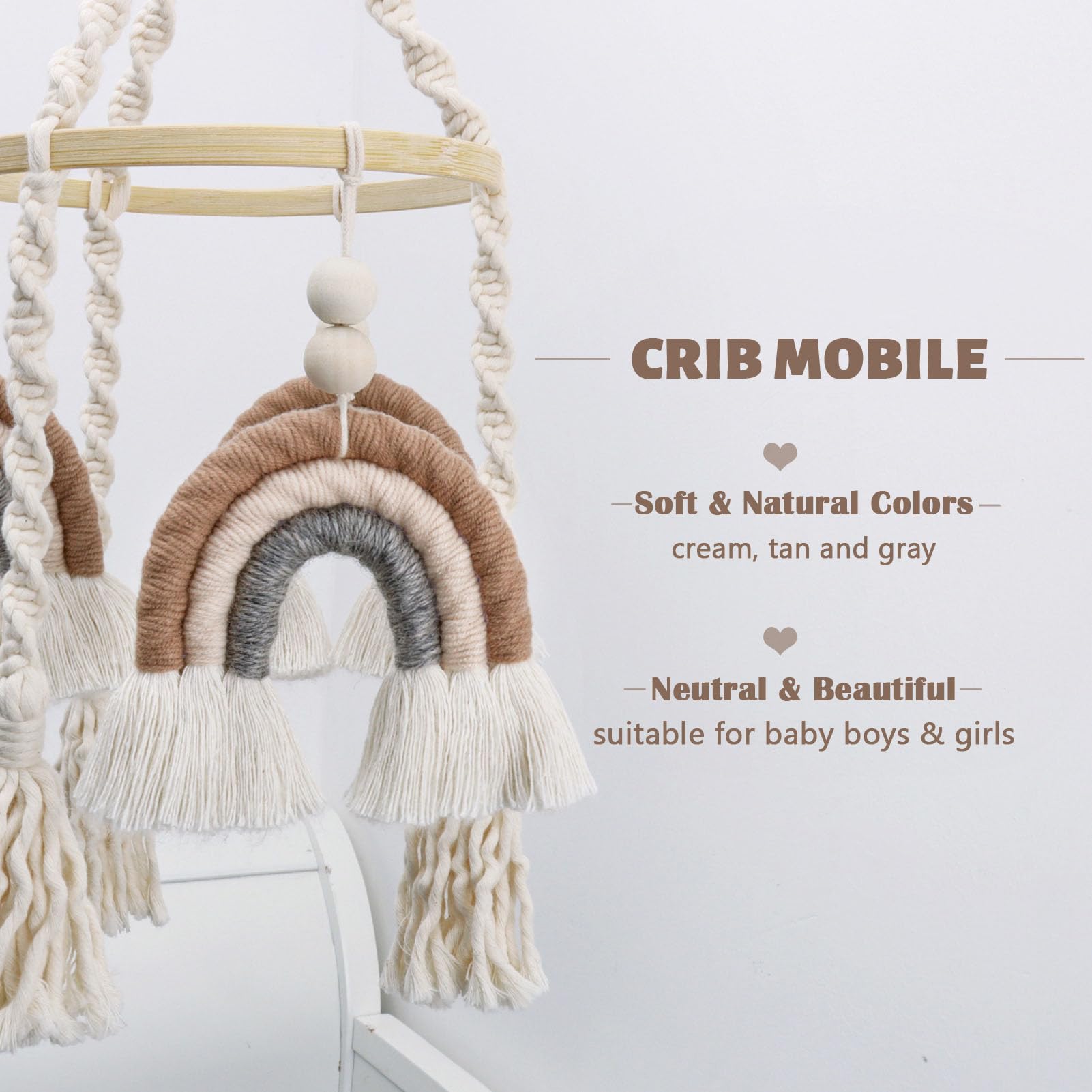 JILPAK baby nursery decor mobile in creamy-tan-gray complements neutral nurseries while engaging color contrasts.