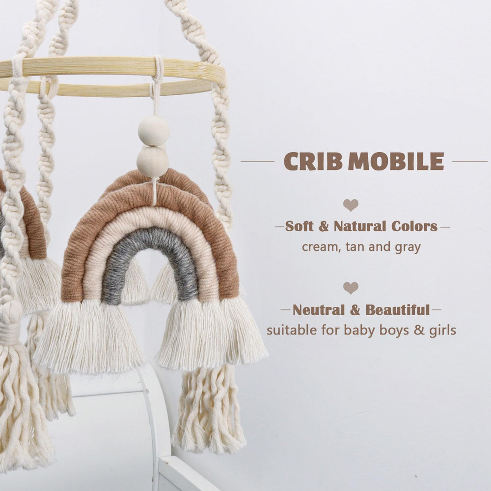 JILPAK baby nursery decor mobile in creamy-tan-gray complements neutral nurseries while engaging color contrasts.