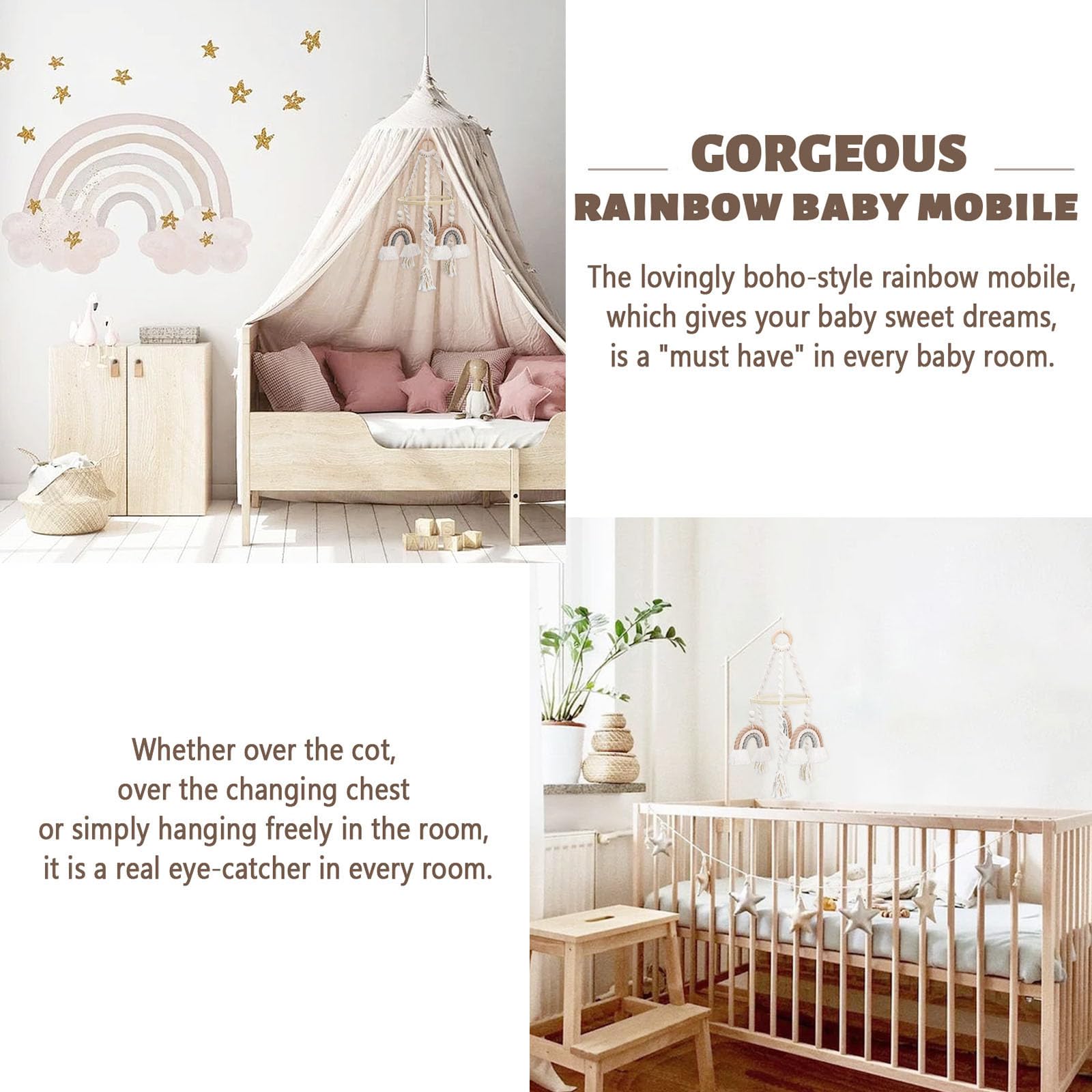 JILPAK safe baby mobile with wooden ring is designed to be hung from crib arms or ceilings.