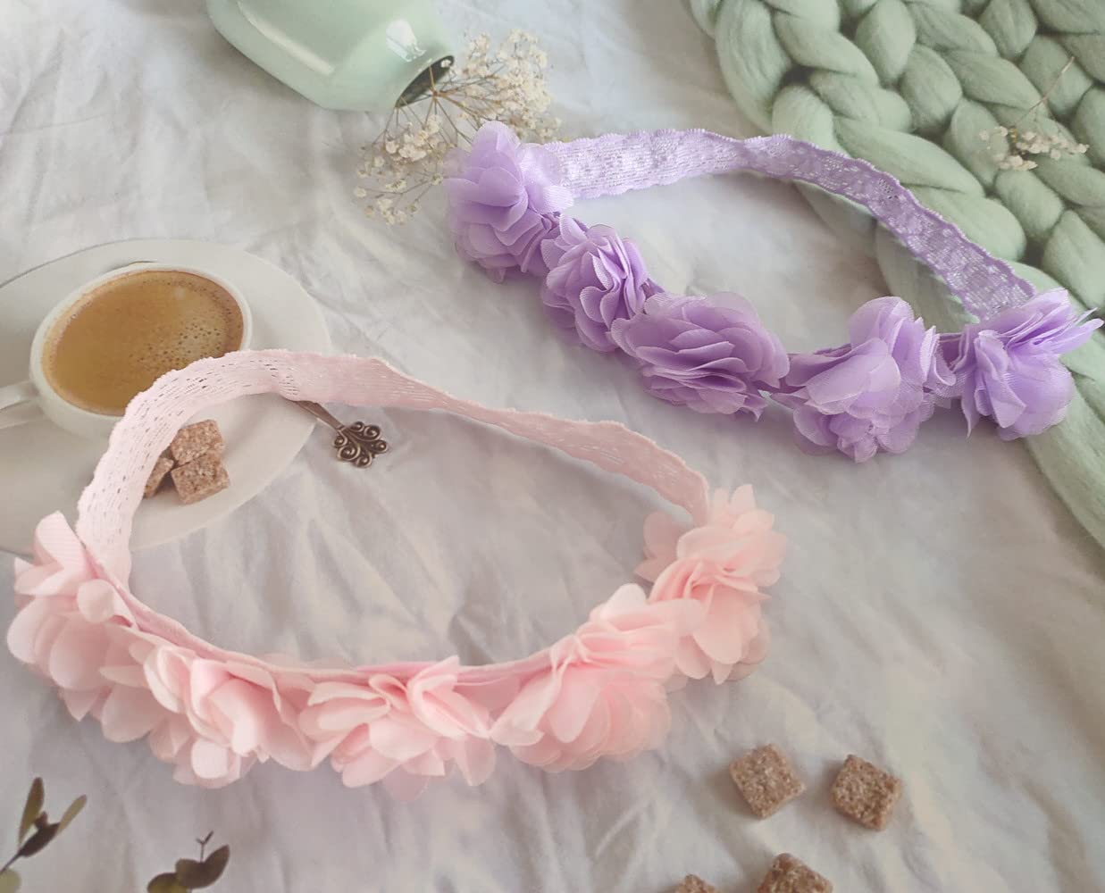 Two-pack pink and purple lace bows for daily wear.