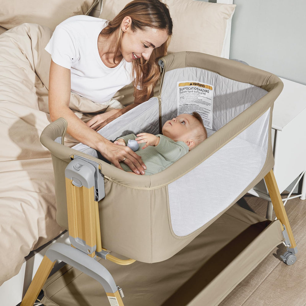 Jimglo bedside sleeper setup in khaki for easy night care within arm's reach