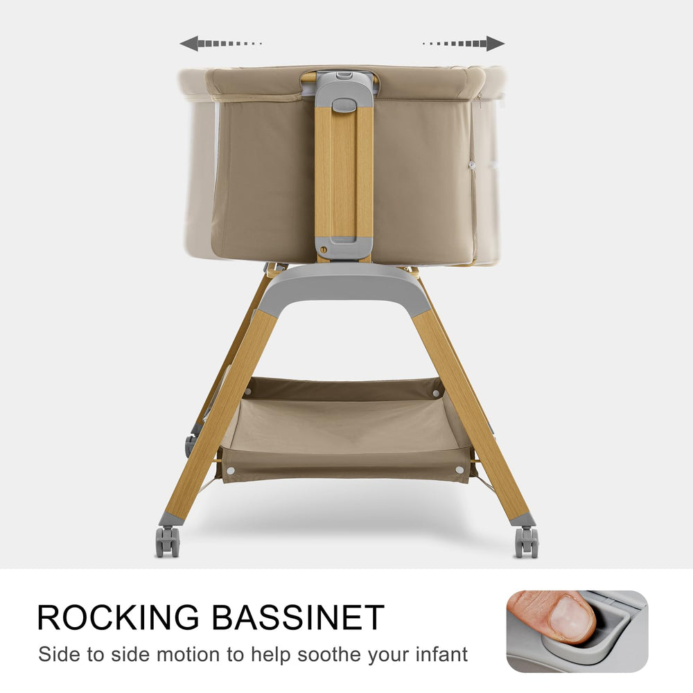 Jimglo rocking bassinet in khaki with soothing side-to-side motion for calm naps