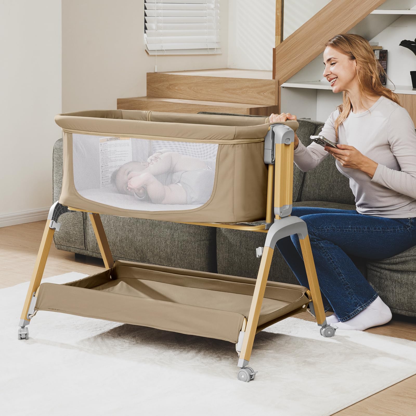 Jimglo foldable portable bassinet with storage basket for travel and organization