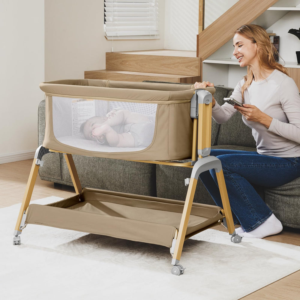Jimglo foldable portable bassinet with storage basket for travel and organization