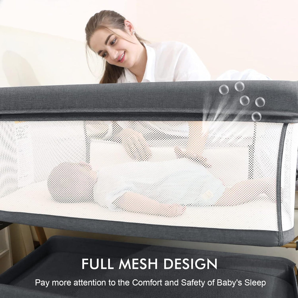 Jimglo bassinet shows mesh sides for visibility and airflow