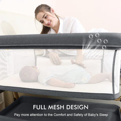Jimglo bassinet shows mesh sides for visibility and airflow