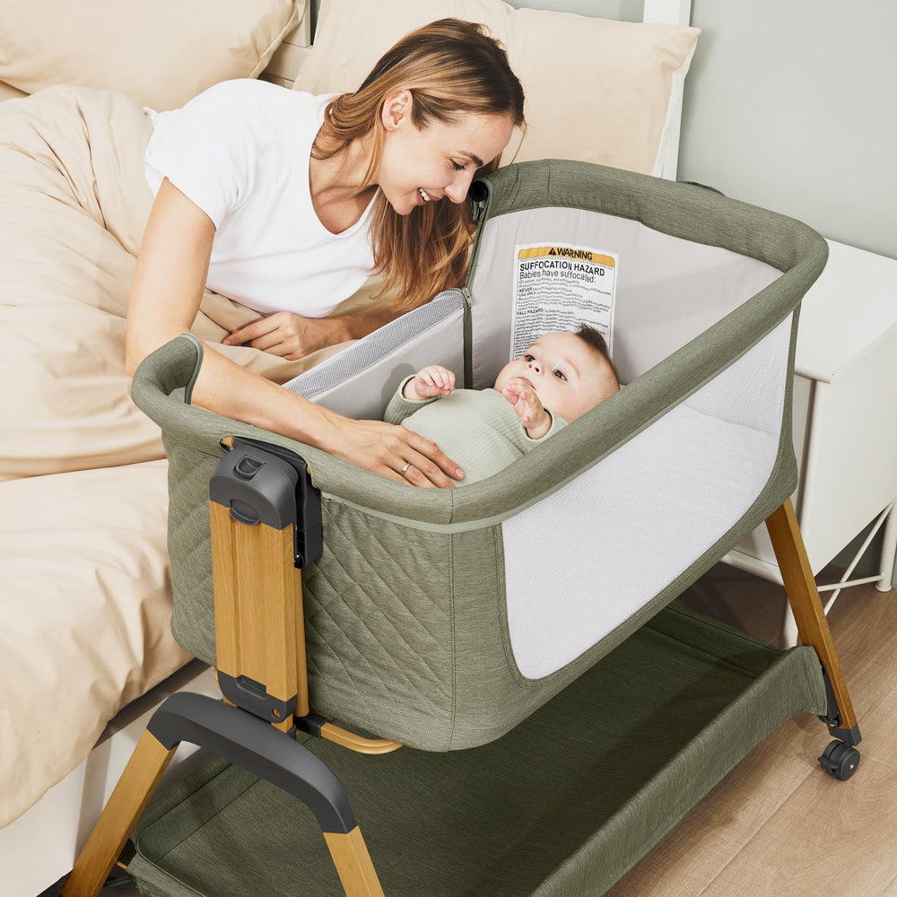 Jimglo bedside sleeper green side angle emphasizes convenient near-bed access for night feeds