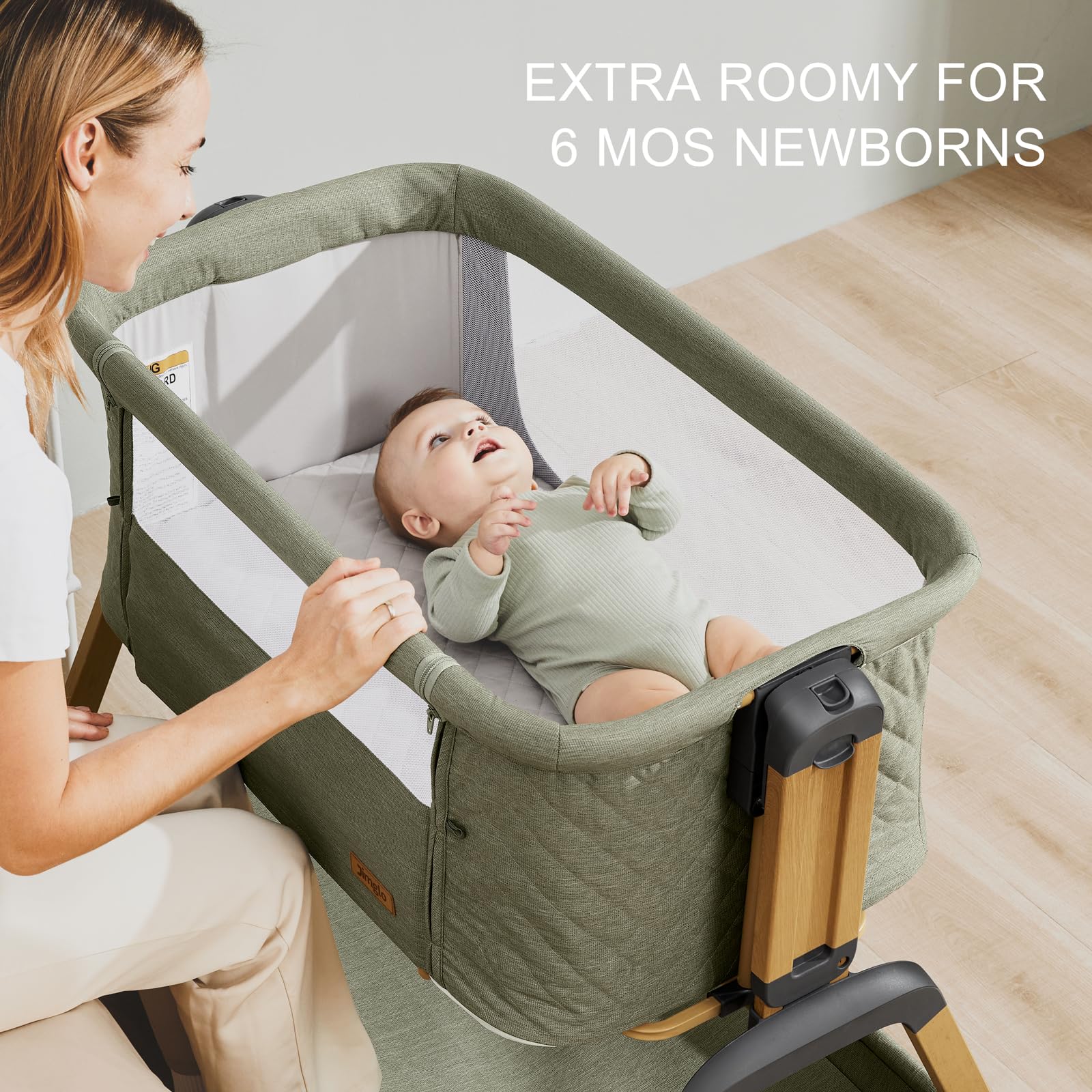Jimglo height-adjustable green feature illustrates five-position bed-height alignment