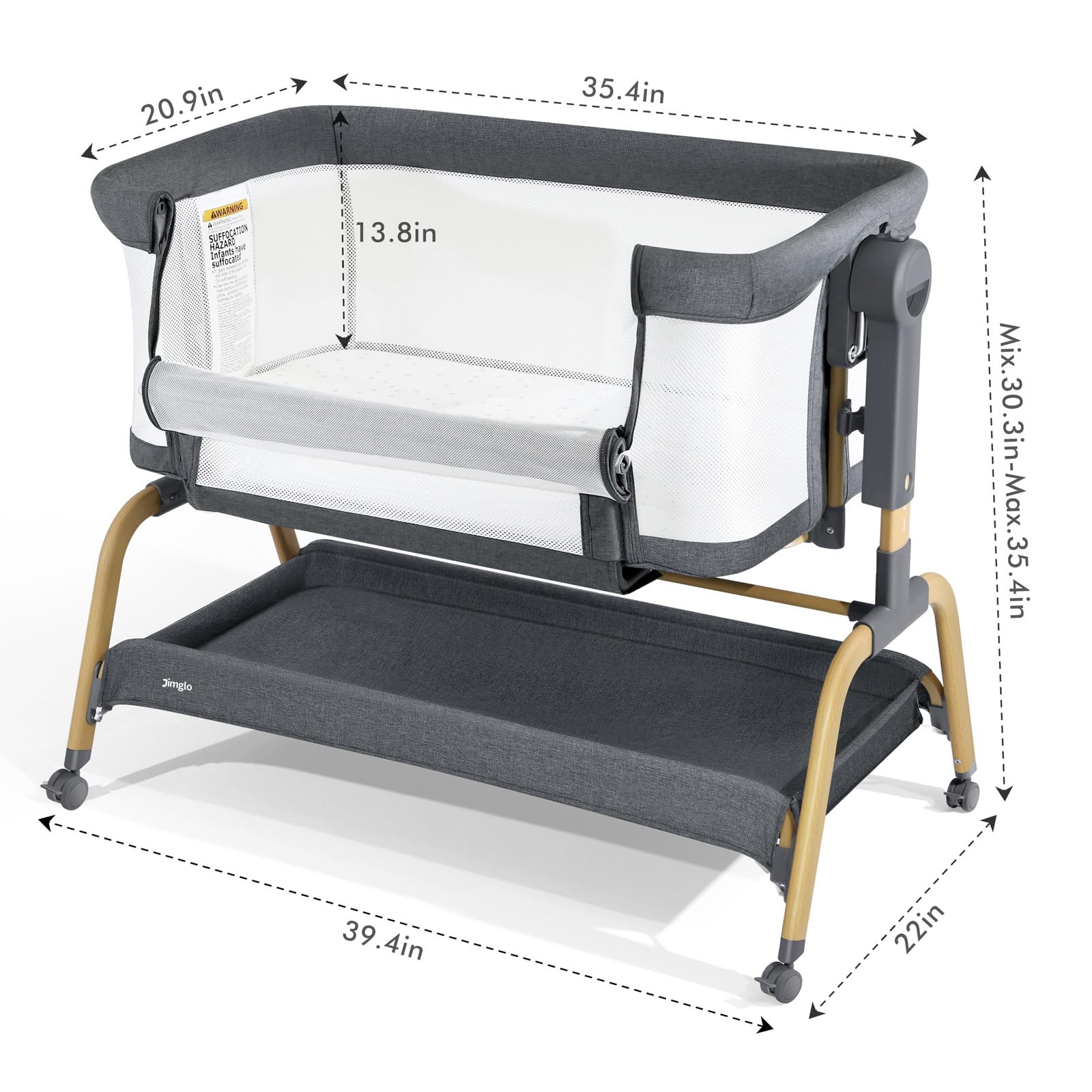 Jimglo portable bassinet with four wheels for on the go