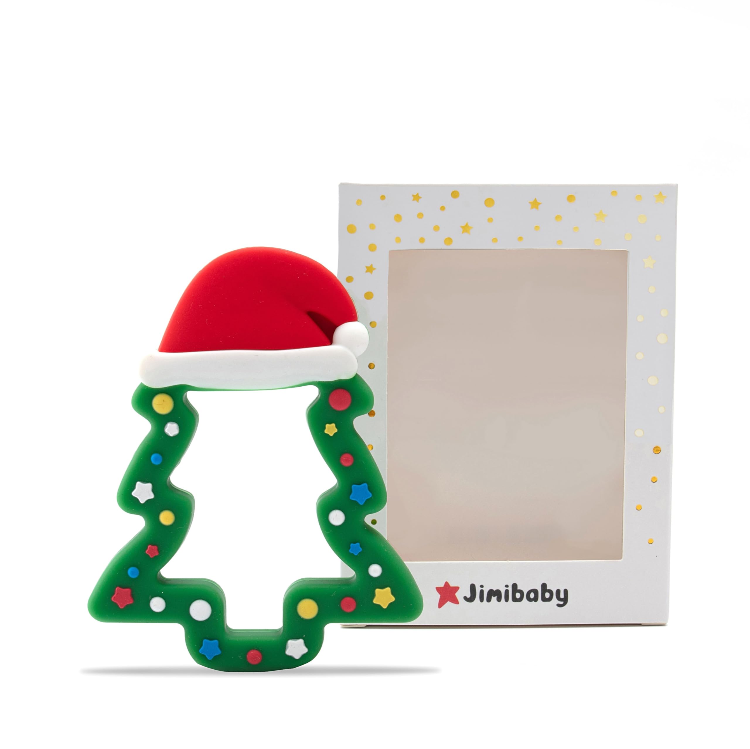 Jimibaby Christmas hat teether packaged for easy gifting and stocking stuffer.