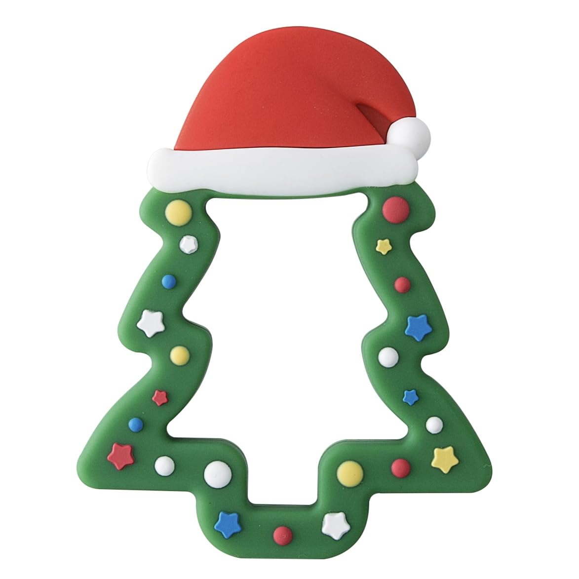 Jimibaby silicone teether front view with Christmas hat soothes gums with holiday charm.