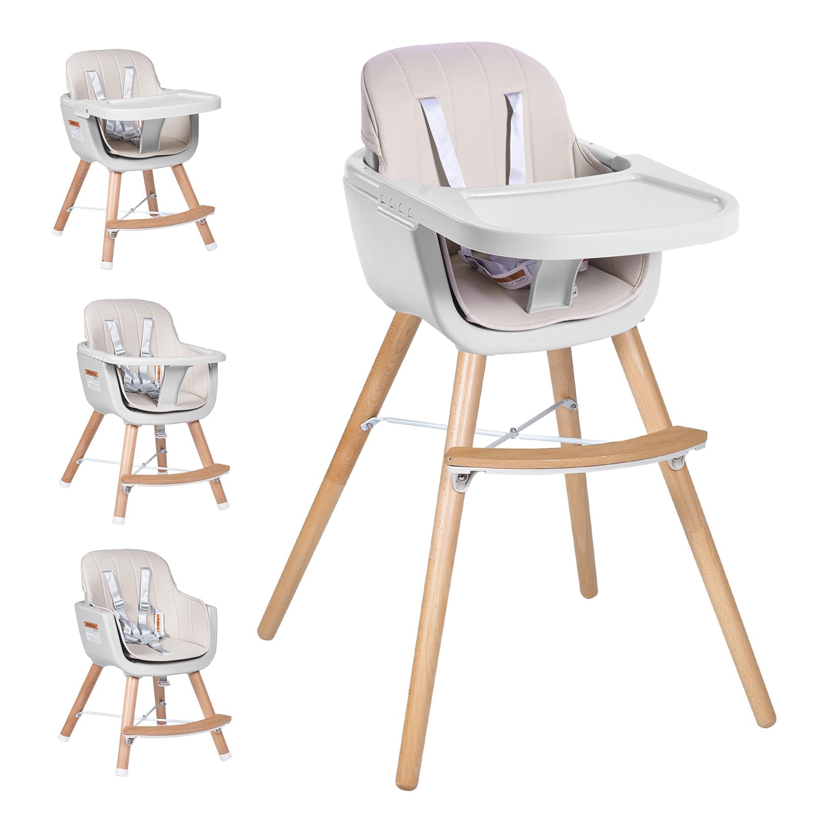 Jincheng high chair beige 3-in-1 design supports growing child.