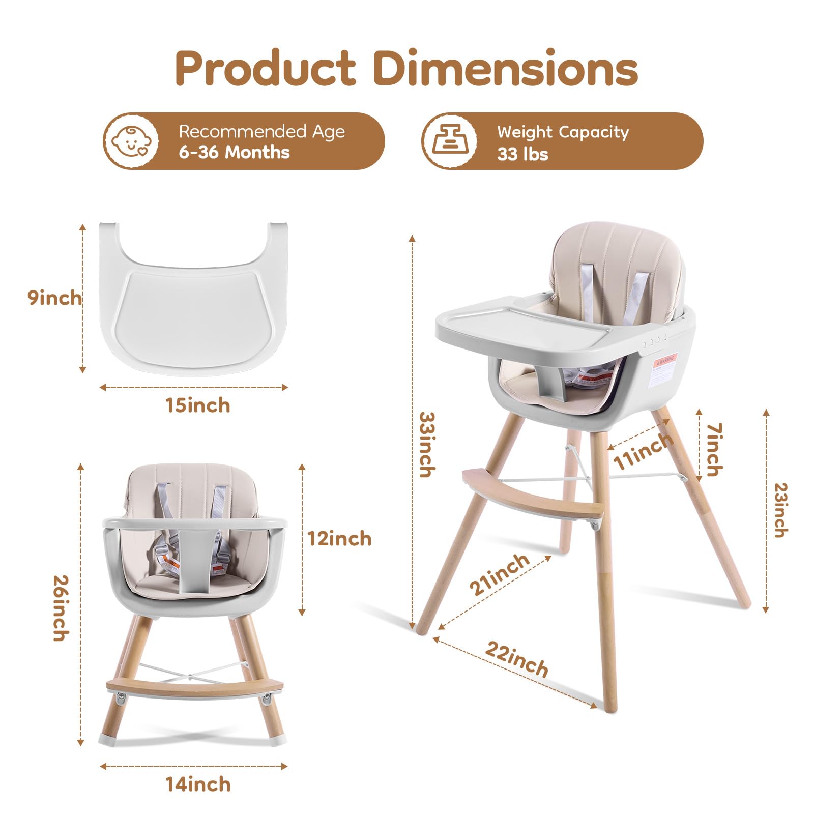 Jincheng high chair beige 5-point harness for secure seating.