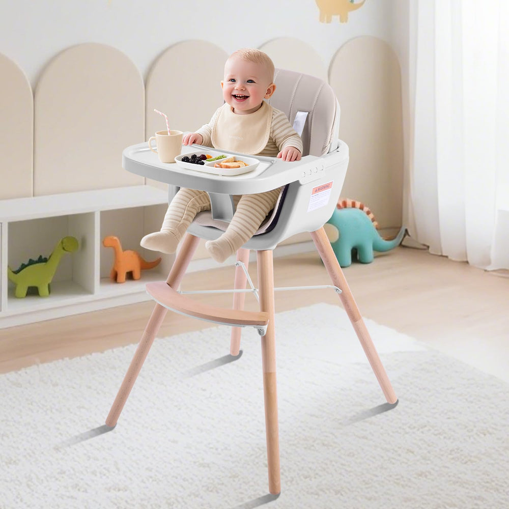 Jincheng high chair beige adjustable legs adapt to table height.