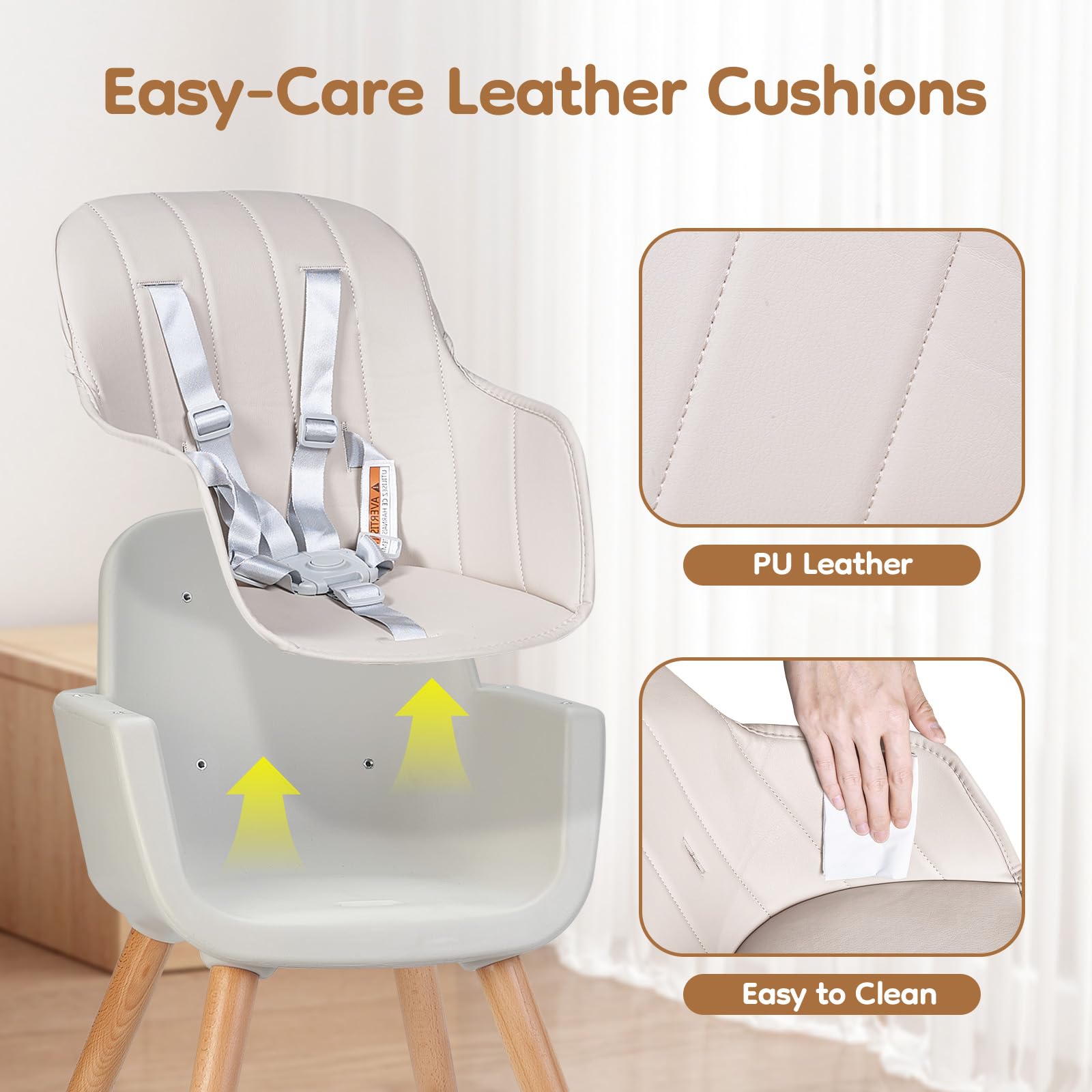 Jincheng high chair beige beech wood legs ensure durability.