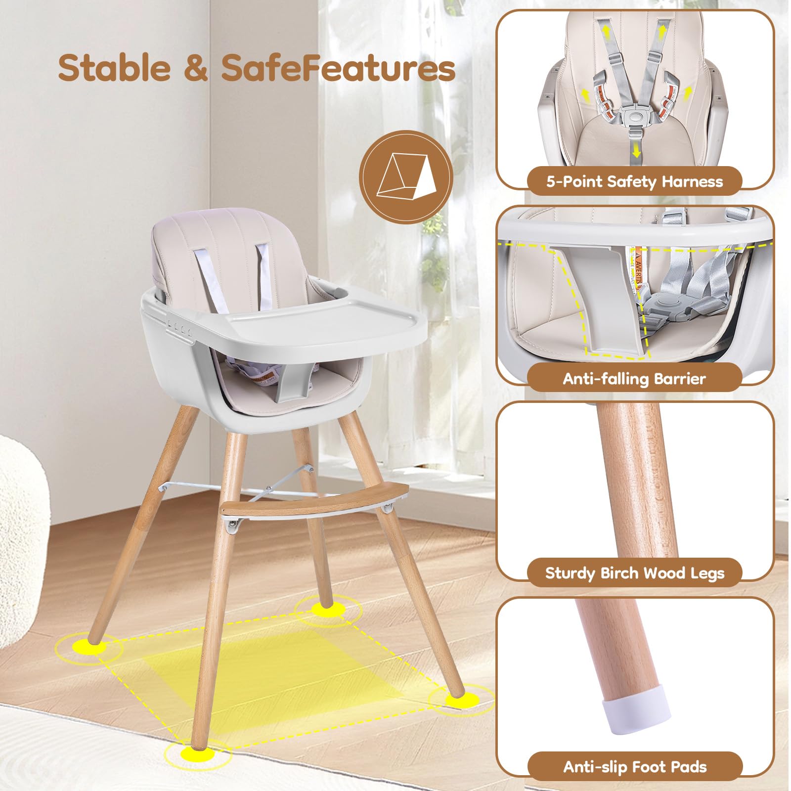 Jincheng high chair beige PU leather cushion adds comfort.