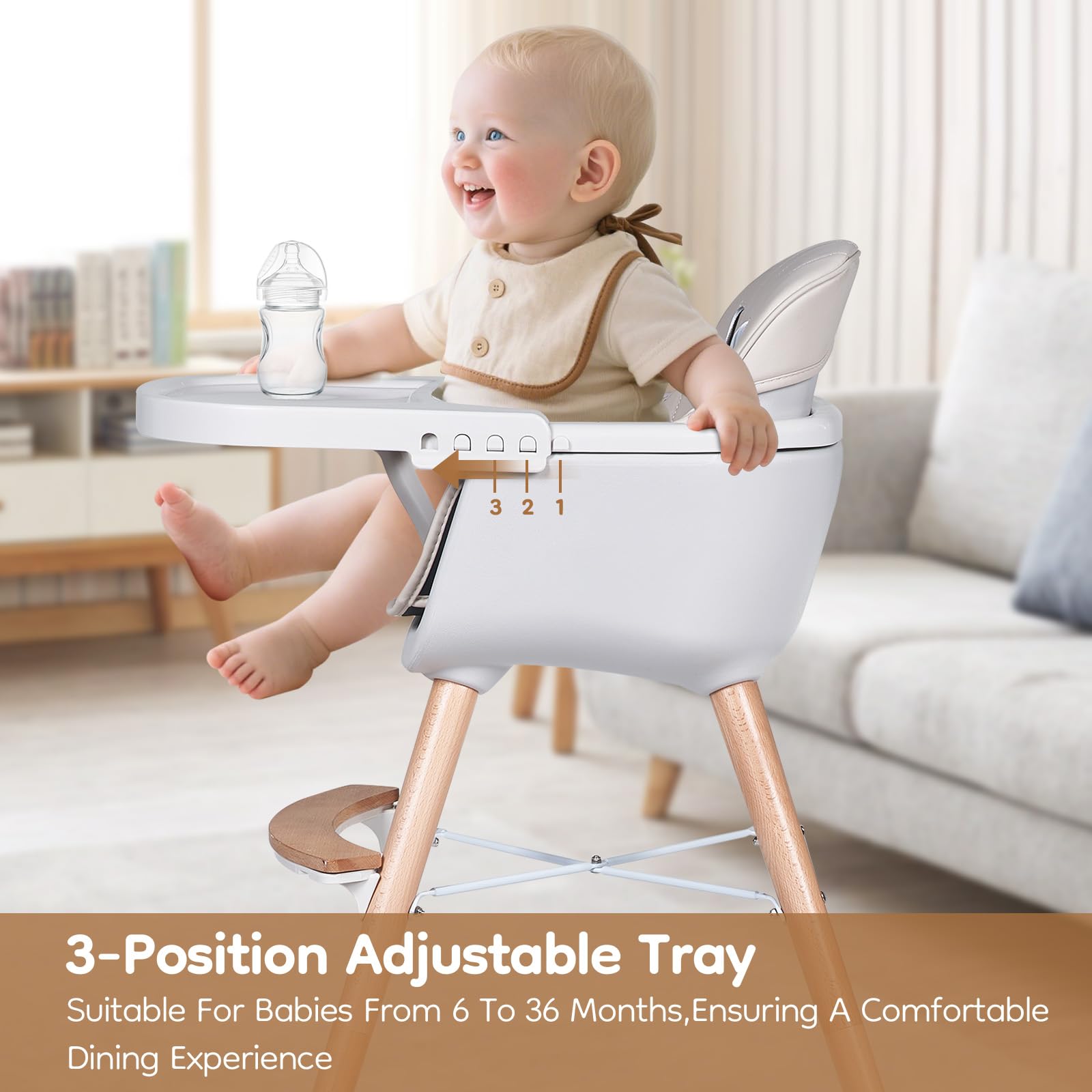 Jincheng high chair beige stable triangular base for safety.