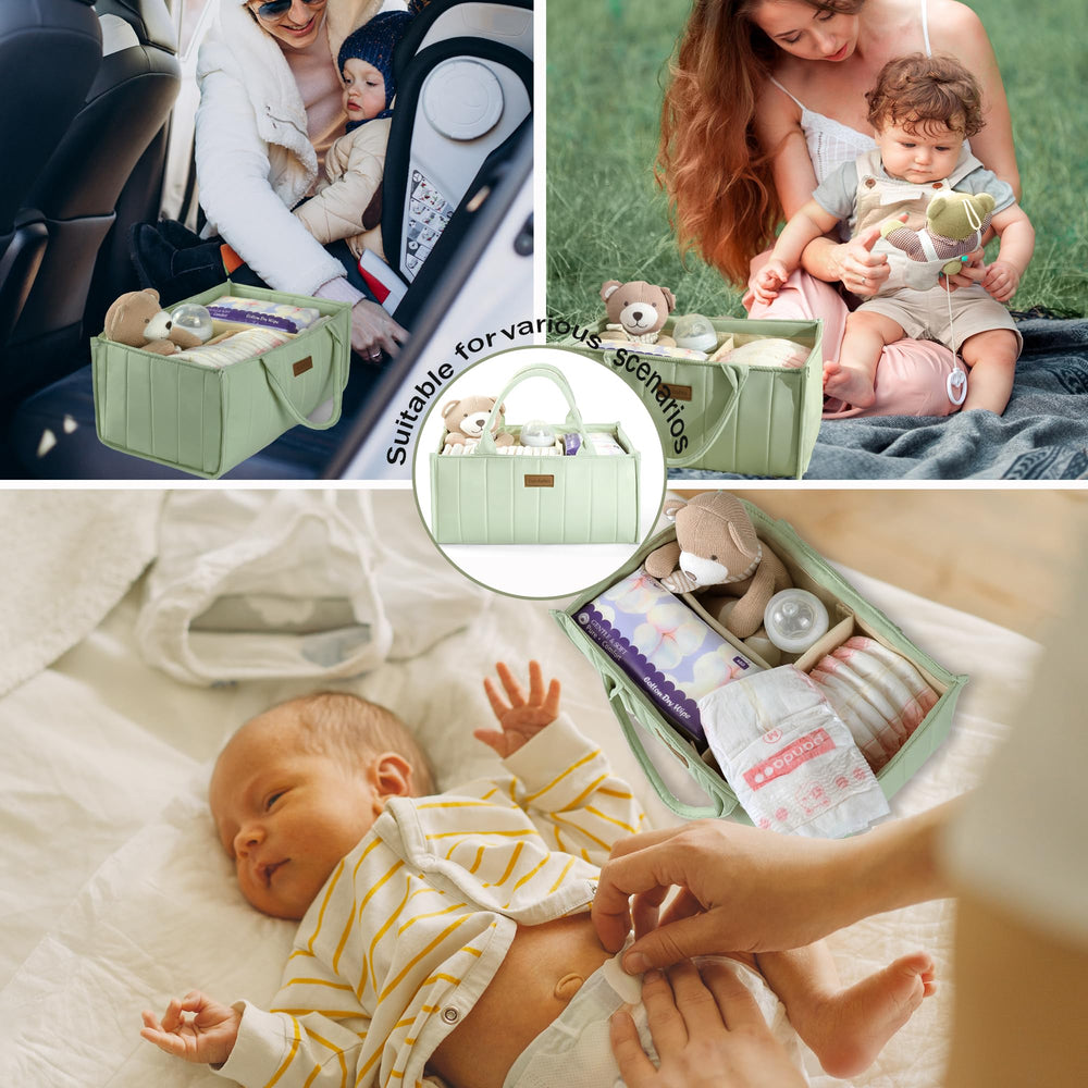 Jinrobabes diaper caddy used as car organizer for trips and quick changes.