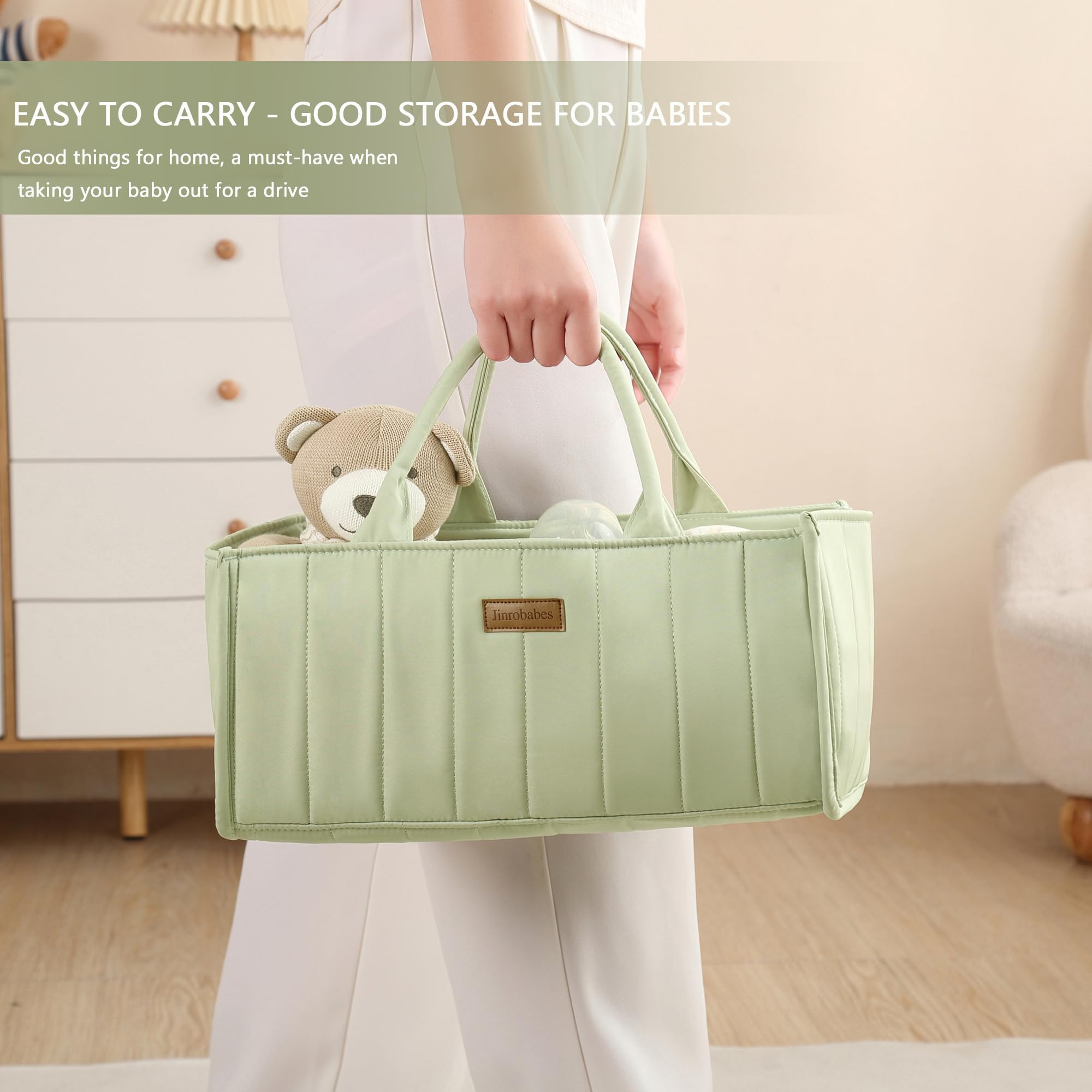 Jinrobabes diaper caddy with removable dividers for flexible customization.