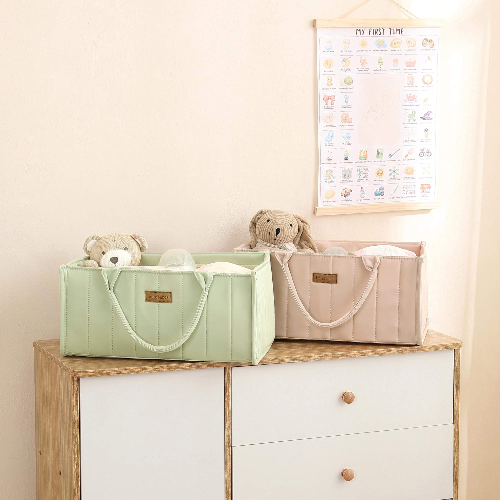 Jinrobabes diaper caddy stylish storage complements nursery decor while keeping essentials accessible.