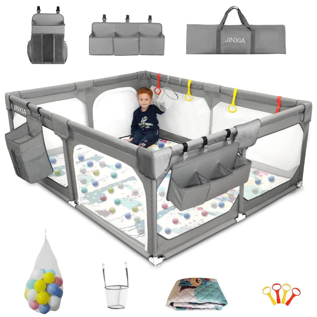 JINXIA baby playpen shows a 79x70 inch area for safe indoor adventures.