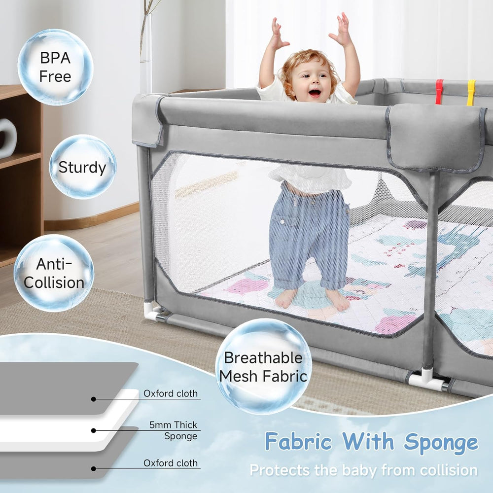 JINXIA soft mat crawl area provides comfortable tummy time and falls protection.
