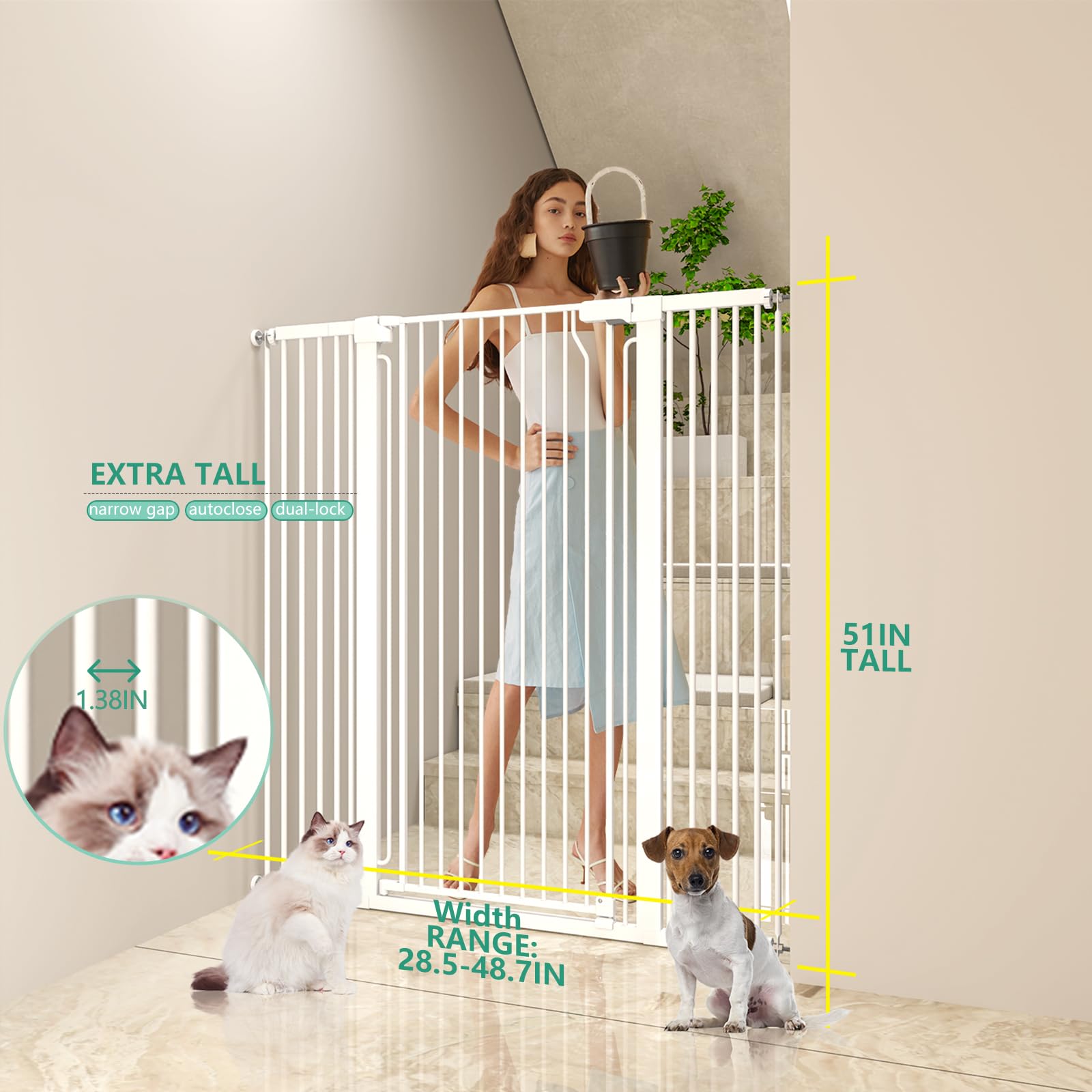 Jiprlak 51inch cat gate side view highlights encrypted finish and durable profile.