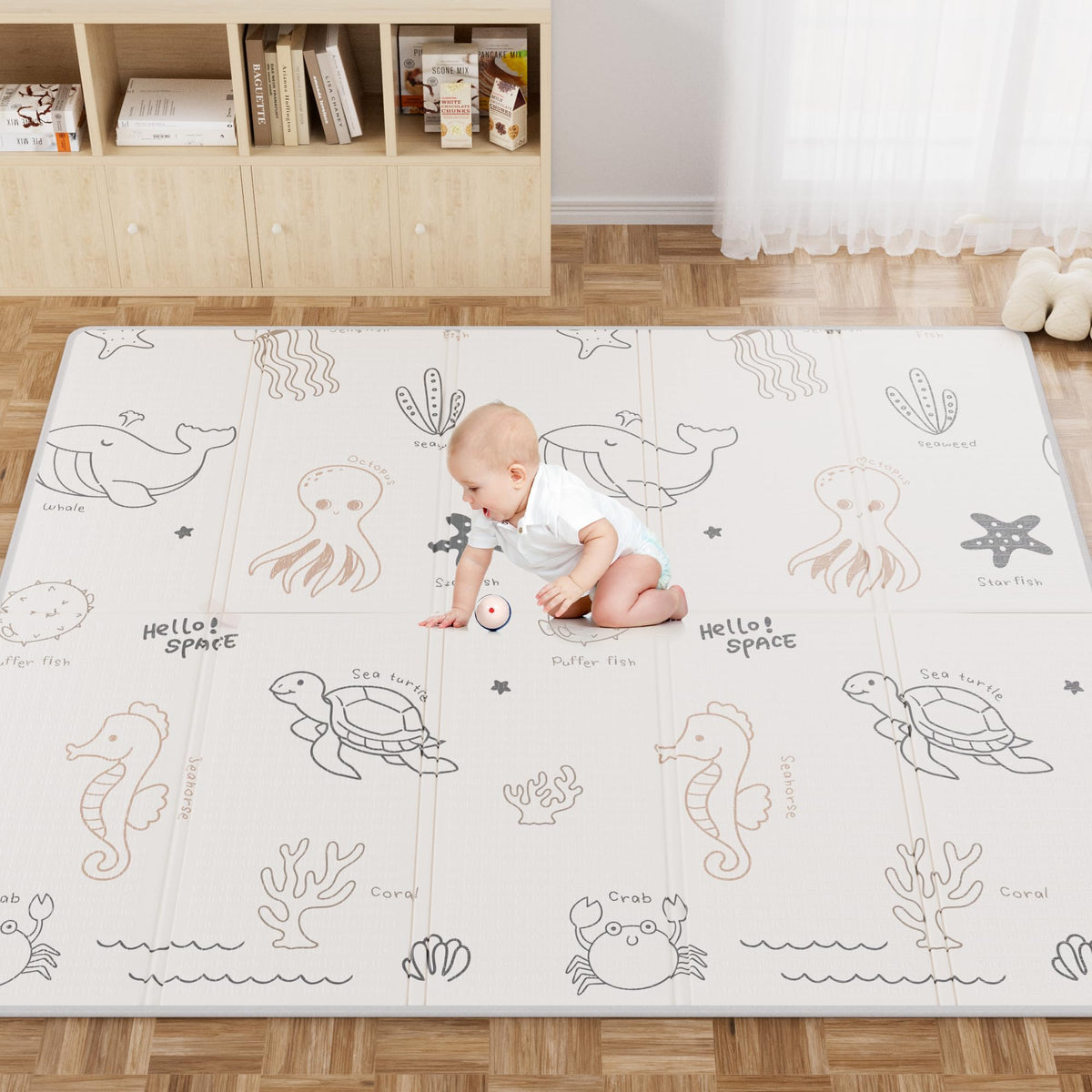 JIQIHEYI 79x71 foldable play mat laid out for ample tummy time space.