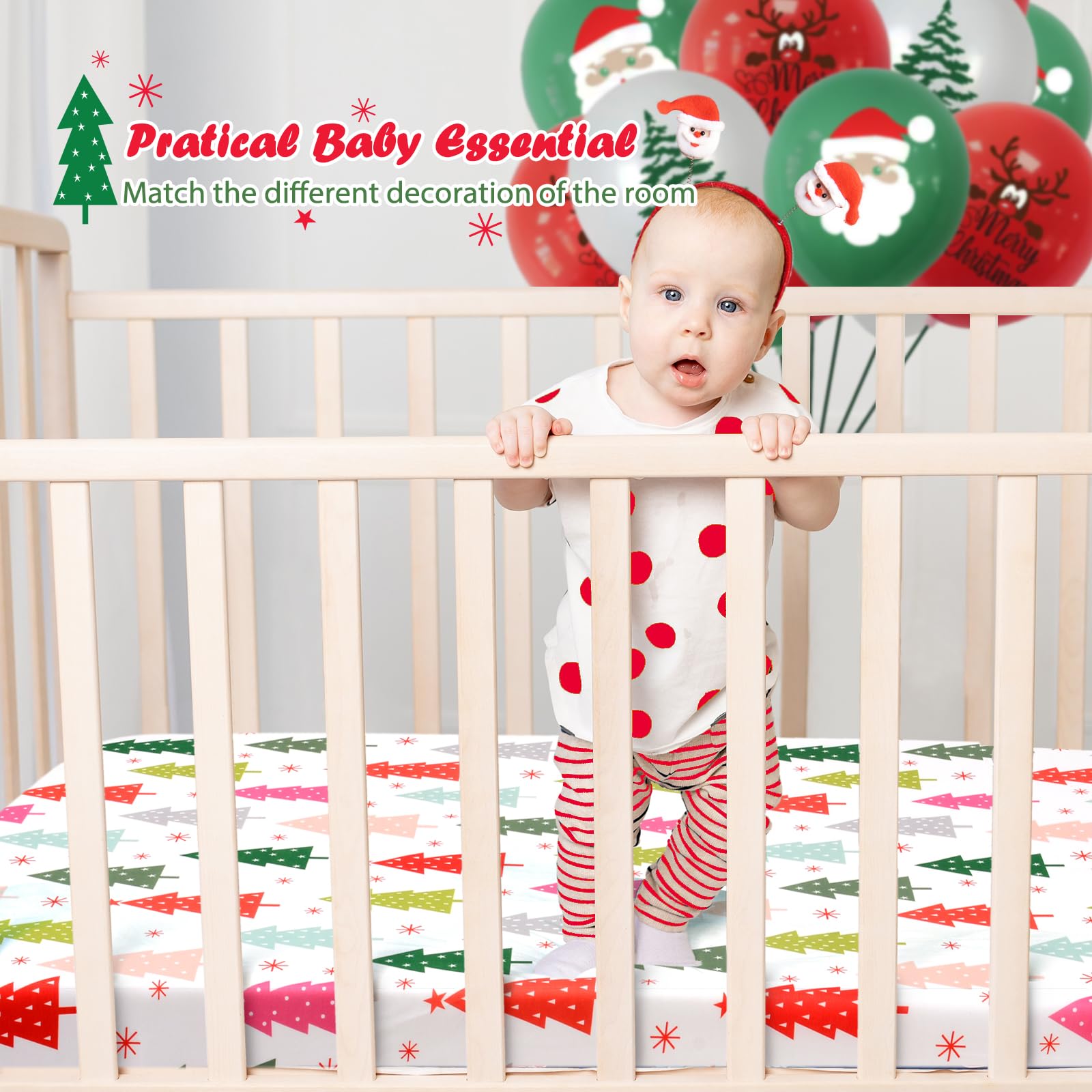 JISEN Christmas crib sheet 360-degree wrap secures the mattress for active sleepers.